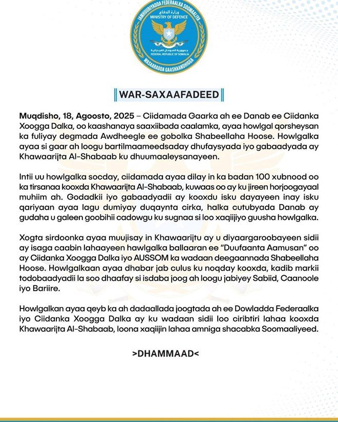 Over 100 Al-Shabaab Members Killed in Lower Shabelle